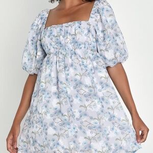 Lulus Lush Romance Blue Floral Puff Sleeve Tie-back Mini Dress - Size S